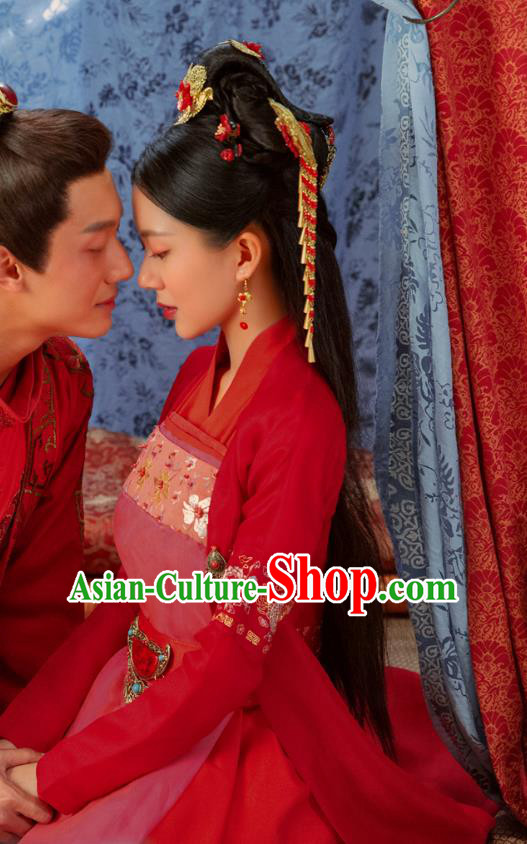 Chinese Ancient Village Girl Red Hanfu Dress Costumes and Headpieces Drama Earth Smoke Sparkle Kitchen Hua Xiaomai Apparels Wedding Garment