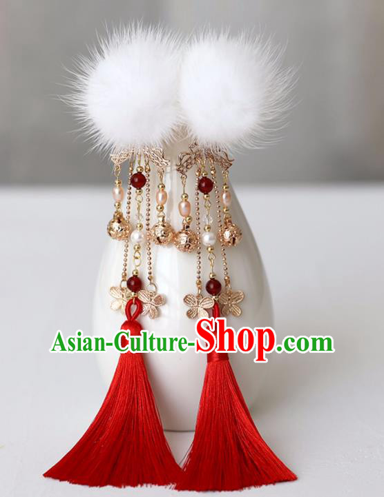 Chinese Ancient Hanfu White Venonat Hair Claws Hairpin Women Pearls Hair Accessories Red Tassel Hair Stick Headwear