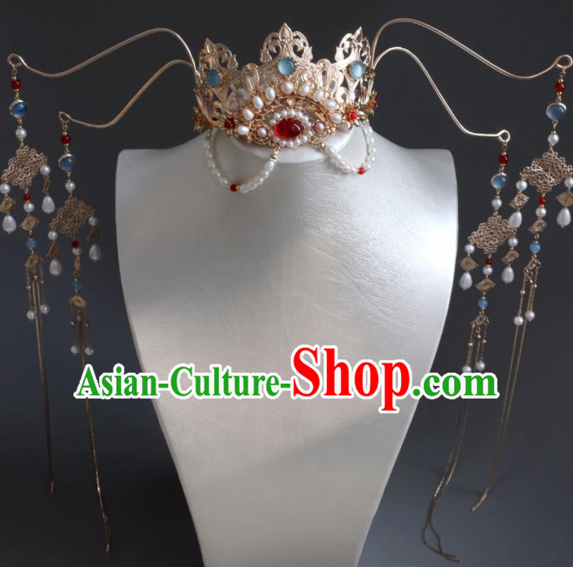 Chinese Ancient Women Hairpin Golden Hair Crown Headwear Hair Accessories Pearls Tassel Hanfu Phoenix Coronet