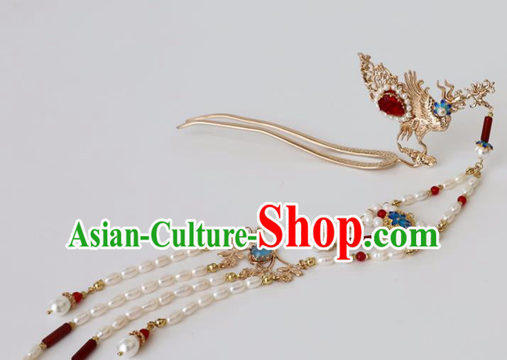 Chinese Ancient Hanfu Agate Pearls Tassel Hair Clip Women Headwear Phoenix Hairpin Hair Accessories