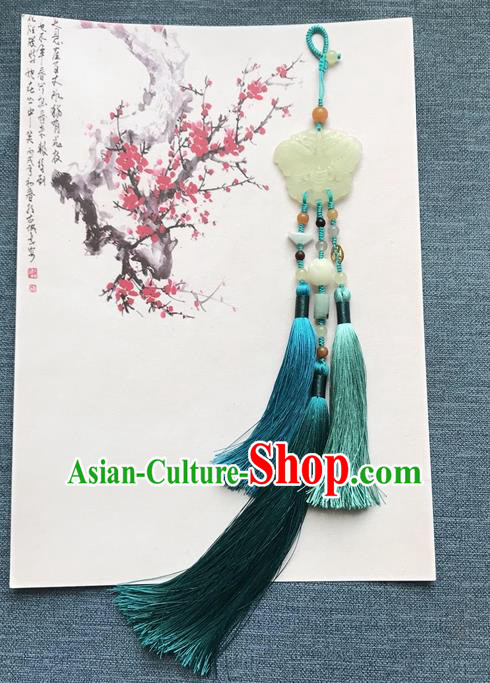 Chinese Ancient Carving Jade Butterfly Blue Tassel Pendant Women Accessories Qing Dynasty Court Brooch Jewelry