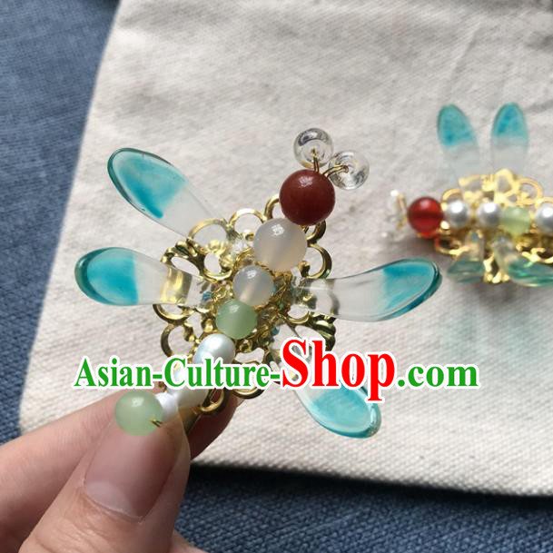 Chinese Ancient Women Blue Dragonfly Hair Claws Handmade Hairpin Headwear Hanfu Hair Accessories Pearls Hair Stick