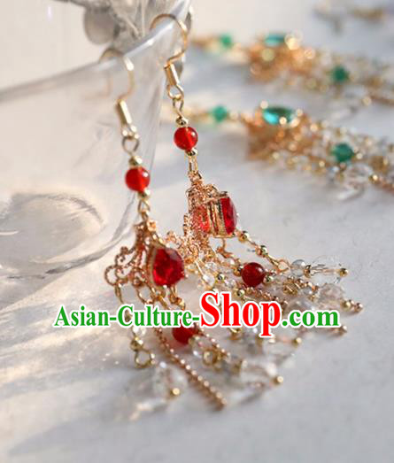 Chinese Ancient Hanfu Red Crystal Earrings Women Jewelry Ming Dynasty Golden Ear Accessories