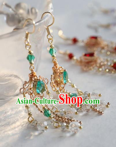 Chinese Ancient Hanfu Green Crystal Earrings Women Jewelry Ming Dynasty Golden Ear Accessories