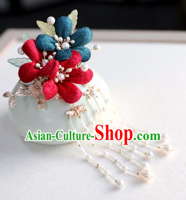 Chinese Ancient Red Silk Flowers Hair Claws Ming Dynasty Headwear Women Hair Accessories Tassel Hair Stick Hairpin