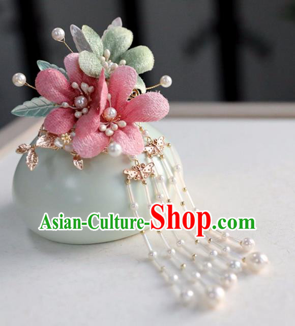 Chinese Ancient Rosy Silk Flowers Hair Claws Ming Dynasty Headwear Women Hair Accessories Tassel Hair Stick Hairpin