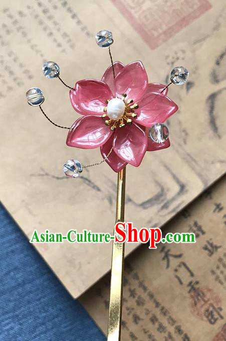Chinese Ancient Women Pink Lotus Hair Clip Handmade Hanfu Hair Accessories Golden Hairpin Headwear