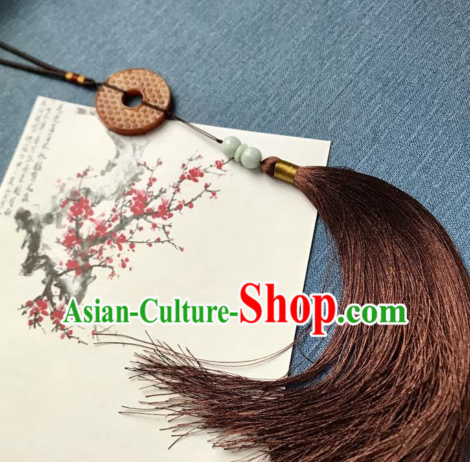 Chinese Ancient Hanfu Brown Tassel Pendant Yellow Jade Brooch Jewelry Accessories Lappet