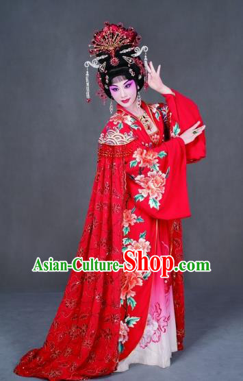 Chinese Peking Opera Diva Garment Costumes the Royal Consort of Tang Apparel Hua Tan Lady Yang Red Dress and Headwear