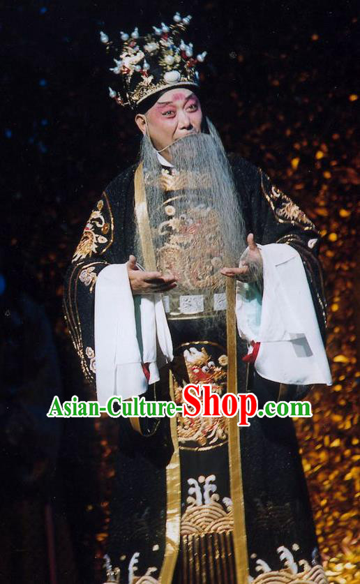 Chinese Peking Opera Old Male Black Ceremonial Robe the Royal Consort of Tang Costumes Emperor Xuanzong Apparel Garment and Headwear