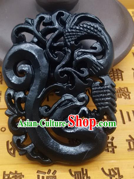 Chinese Handmade Carving Dragon Phoenix Jade Label Belt Accessories Handgrip Craft Handmade Black Jade Waist Pendant