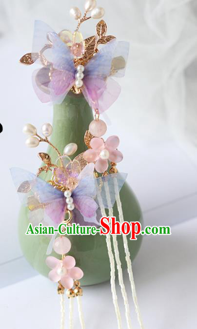 Chinese Ancient Hanfu Purple Silk Butterfly Hair Claws Hair Accessories Women Headwear Tassel Hair Stick Hairpins