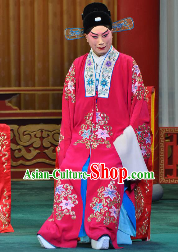 Chinese Beijing Opera Young Male Costumes Garment Peking Opera Return of the Phoenix Apparels Crown Prince Wedding Rosy Robe and Hat