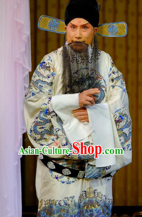 Chinese Peking Opera Official Dong Zhuo Costumes Garment Lv Bu and Diao Chan Elderly Male Apparels White Python Embroidered Robe and Hat