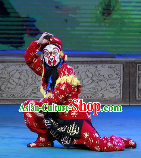 Chinese Peking Opera Martial Male Havoc In Heaven Costumes Apparels Wusheng Monkey Soldier Red Garment and Headwear