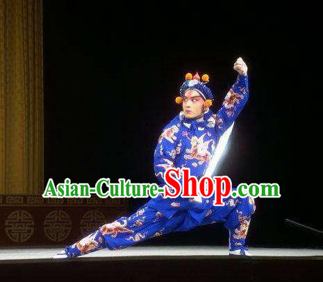 Chinese Kun Opera Martial Male Blue Costumes Garment Peking Opera Yandang Mountain Wusheng Apparels and Hat