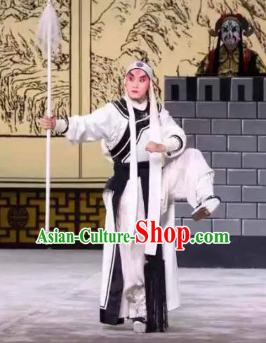 Chinese Kun Opera Martial Male White Costumes Garment Peking Opera Yandang Mountain Longtao Wusheng Apparels and Headwear
