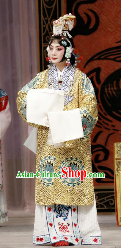 Traditional Chinese Peking Opera Imperial Consort Garment Dress Farewell My Concubine Actress Yu Ji Golden Costumes and Headwear
