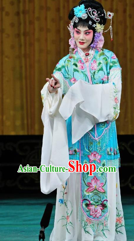 Chinese Traditional Peking Opera Hua Tan Rich Lady Apparels Costumes Matchmaker Diva Blue Dress Garment and Headpieces