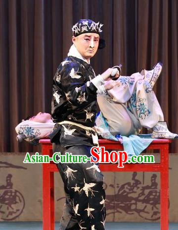Chinese Peking Opera Takefu Wusheng Apparels Costumes San Cha Kou Martial Men Black Garment and Hat