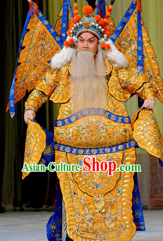 Chinese Peking Opera Kao Costumes Zhu Lian Zhai Apparels Wu Sheng Garment General Yellow Armor Suits with Flags and Headwear