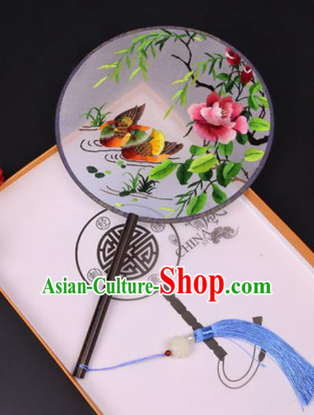 Chinese Traditional Embroidered Mandarin Duck Palace Fans Handmade Classical Dance Ebony Round Fan for Women