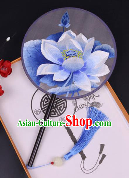 Chinese Traditional Embroidered Lotus Palace Fans Handmade Classical Dance Ebony Round Fan for Women