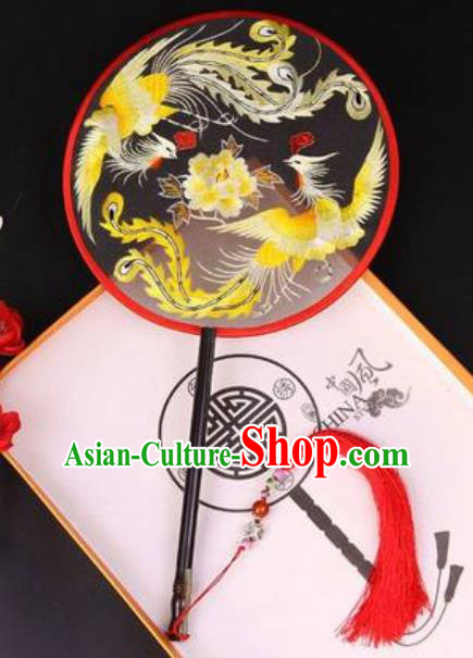 Chinese Traditional Embroidered Phoenix Peony Palace Fans Handmade Classical Dance Ebony Round Fan for Women