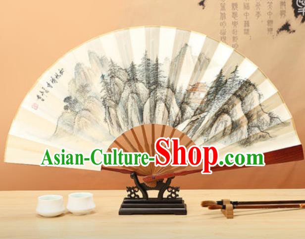 Chinese Traditional Ink Painting Pinewood Temple Paper Folding Fans Handmade Accordion Classical Dance Folding Fan