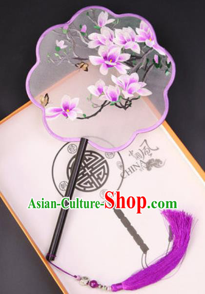 Chinese Traditional Embroidered Purple Mangnolia Silk Fans Handmade Classical Dance Ebony Palace Fan for Women