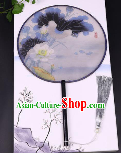 Chinese Traditional Printing Lotus Round Fans Handmade Classical Dance Ebony Palace Fan for Women