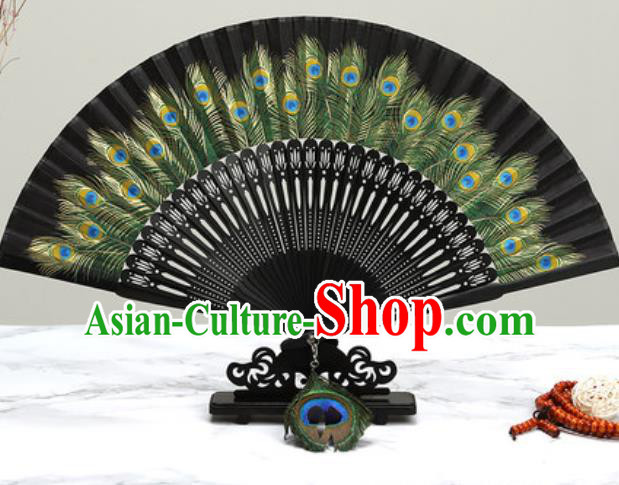 Chinese Traditional Printing Peacock Feather Black Silk Fan Classical Dance Accordion Fans Folding Fan