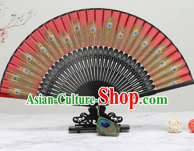 Chinese Traditional Printing Peacock Feather Red Silk Fan Classical Dance Accordion Fans Folding Fan