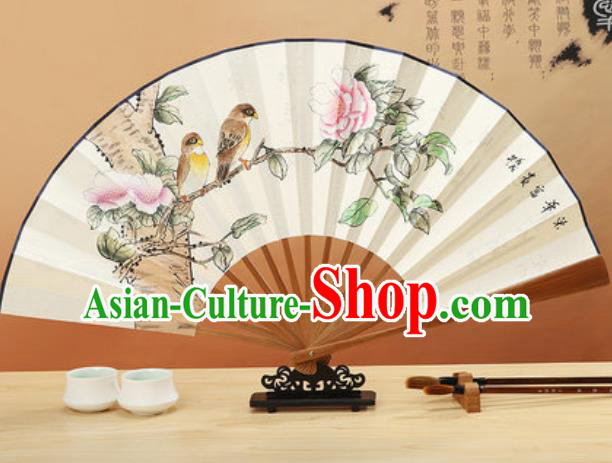 Chinese Traditional Hand Painting Peony Birds Paper Fan Classical Dance Accordion Fans Folding Fan
