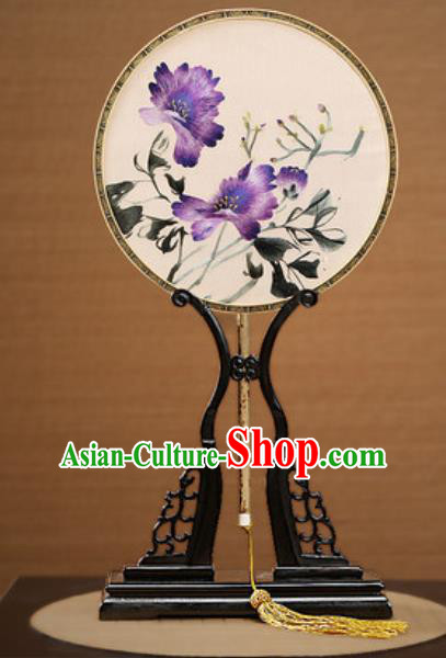 Handmade Chinese Embroidered Purple Flower Silk Round Fans Traditional Classical Dance Palace Fan for Women