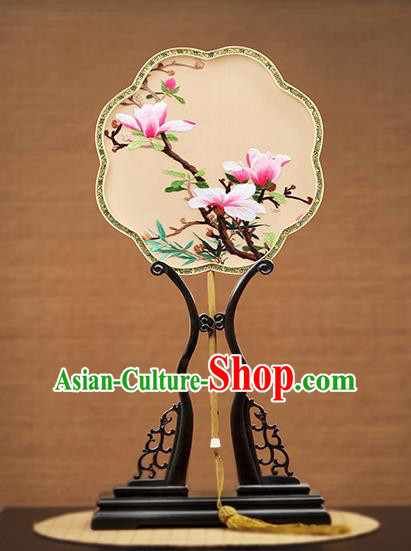 Handmade Chinese Embroidered Pink Mangnolia Apricot Silk Fans Traditional Classical Dance Palace Fan for Women