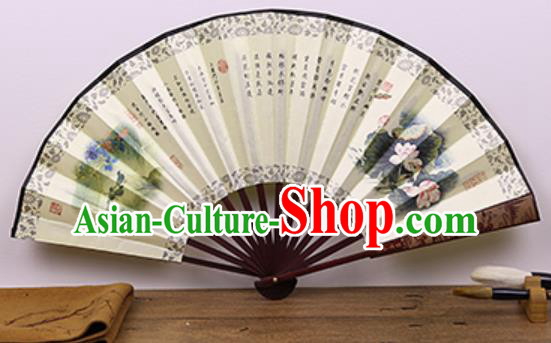 Handmade Chinese Painting Lotus Beige Fan Traditional Classical Dance Accordion Fans Folding Fan