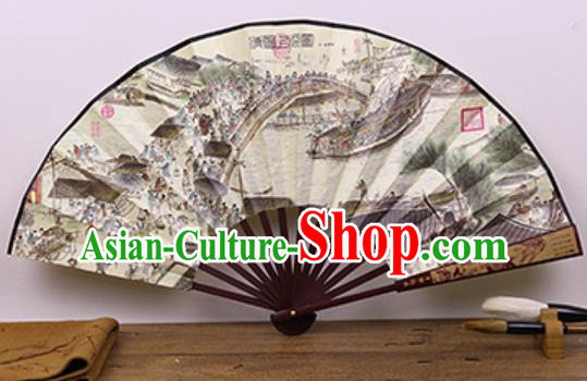 Handmade Chinese Ink Painting Riverside Scene at Qingming Festival Fan Traditional Classical Dance Accordion Fans Folding Fan
