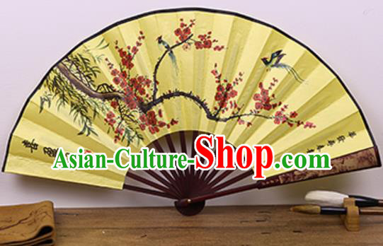 Handmade Chinese Ink Painting Plum Bamboo Yellow Fan Traditional Classical Dance Accordion Fans Folding Fan