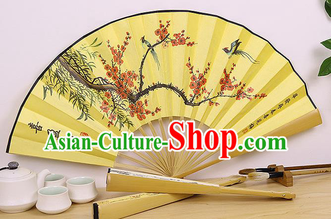 Handmade Chinese Ink Painting Plum Bamboo Birds Yellow Fan Traditional Classical Dance Accordion Fans Folding Fan