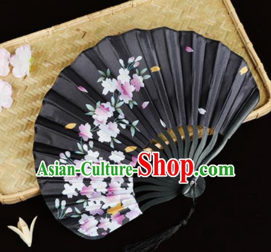 Handmade Chinese Printing Sakura Black Satin Fan Traditional Classical Dance Accordion Fans Folding Fan