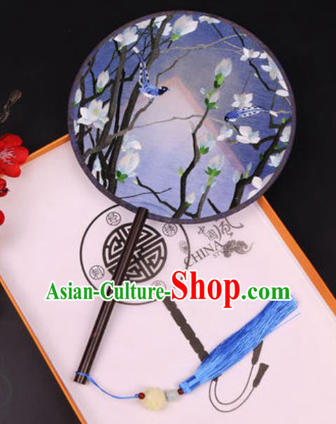Handmade Chinese Embroidered Mangnolia Blue Silk Fans Traditional Classical Dance Palace Fan for Women