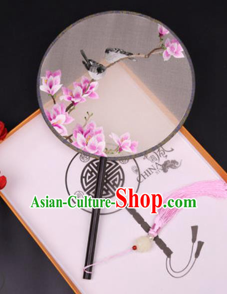 Handmade Chinese Embroidered Pink Mangnolia Silk Fans Traditional Classical Dance Palace Fan for Women