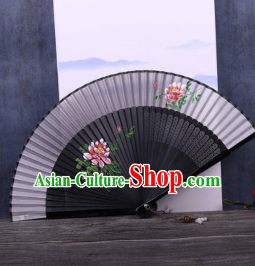 Chinese Traditional Hand Painting Peony Grey Silk Fan Classical Dance Accordion Fans Folding Fan