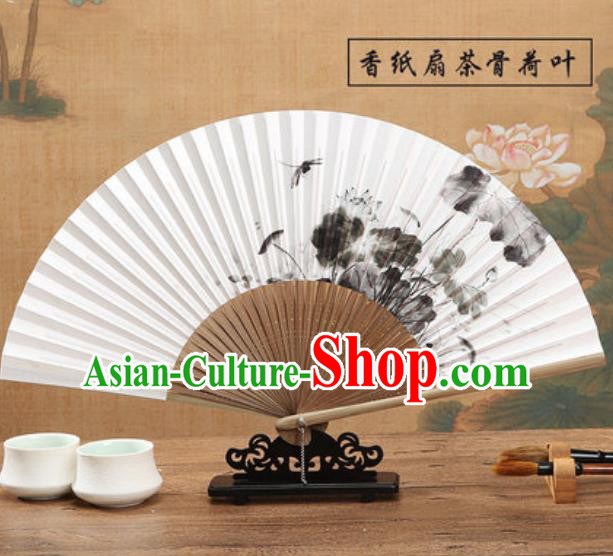 Chinese Traditional Ink Painting Lotus Dragonfly Fan Classical Dance Accordion Paper Fans Folding Fan