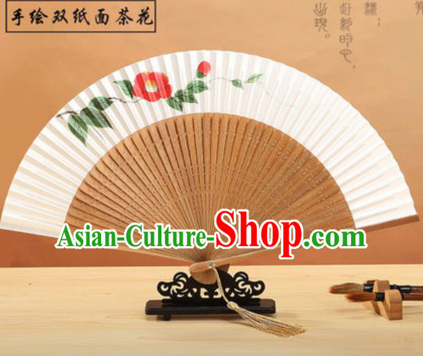 Chinese Traditional Hand Painting Camellia Paper Fan Classical Dance Accordion Bamboo Fans Folding Fan