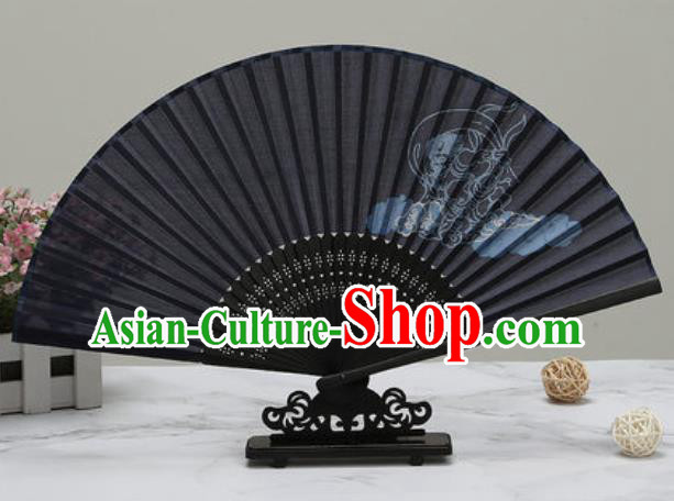 Chinese Traditional Printing Peony Black Silk Fan Classical Dance Accordion Fans Folding Fan