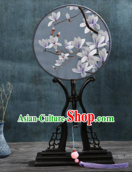 Handmade Chinese Embroidered Purple Mangnolia Ebony Silk Fans Traditional Classical Dance Palace Fan for Women