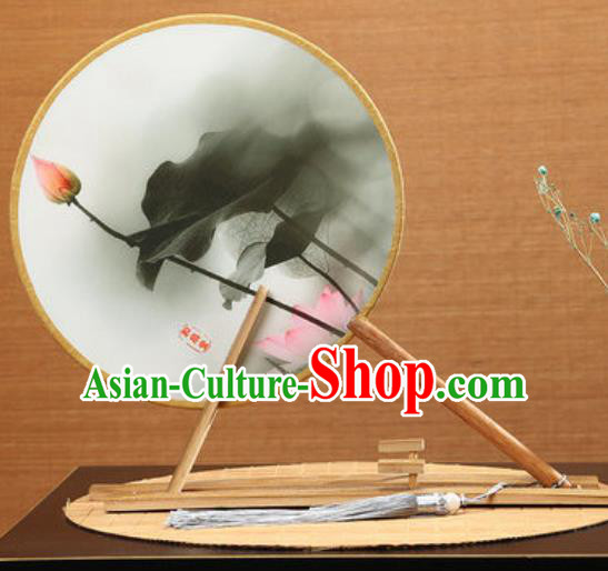 Handmade Chinese Printing Lotus Round Fans Traditional Classical Dance Red Beech Palace Fan for Women