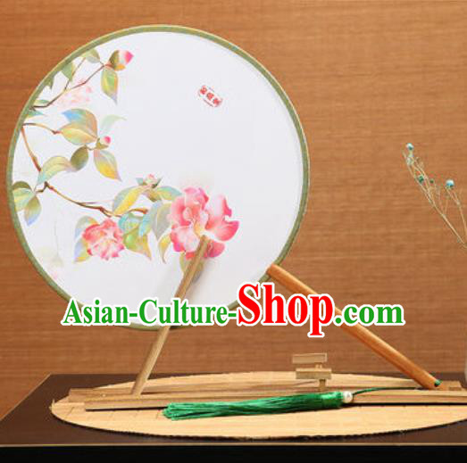 Handmade Chinese Printing Flower Round Fans Traditional Classical Dance Red Beech Palace Fan for Women